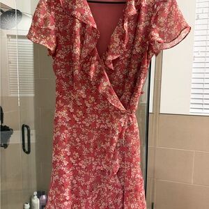 Lush Floral Ruffle Midi Dress in Red and White